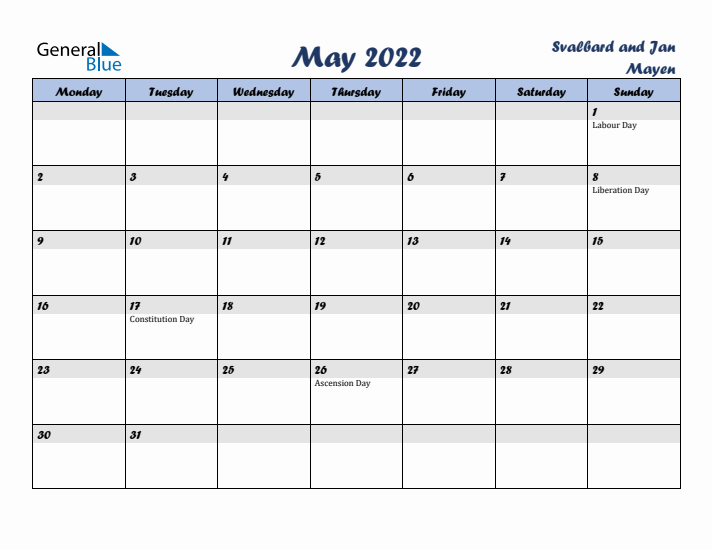 May 2022 Calendar with Holidays in Svalbard and Jan Mayen