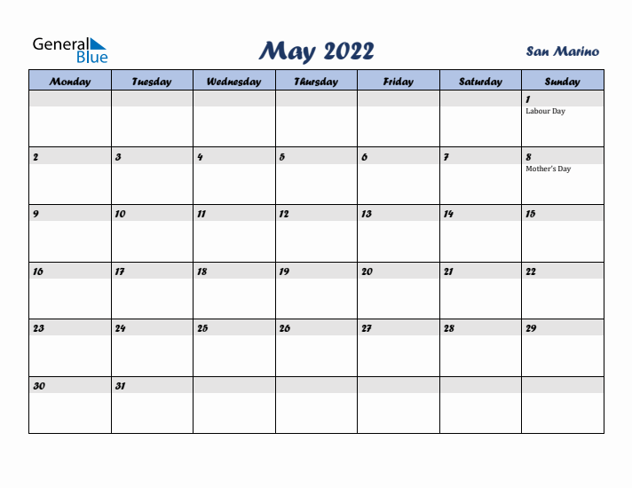 May 2022 Calendar with Holidays in San Marino