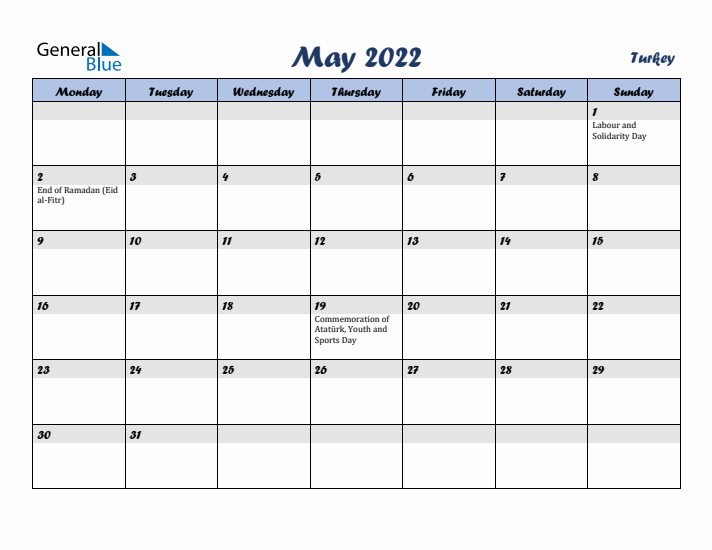 May 2022 Calendar with Holidays in Turkey