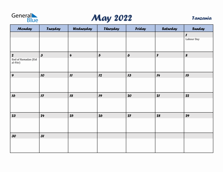 May 2022 Calendar with Holidays in Tanzania