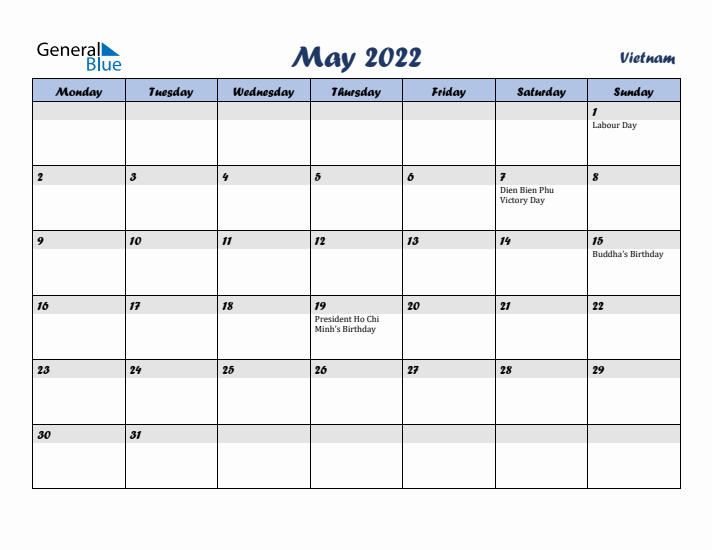 May 2022 Calendar with Holidays in Vietnam