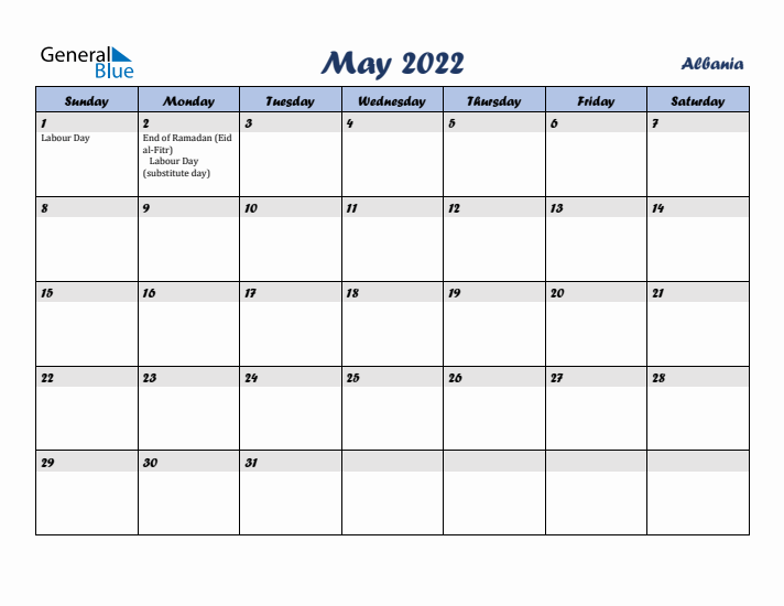 May 2022 Calendar with Holidays in Albania