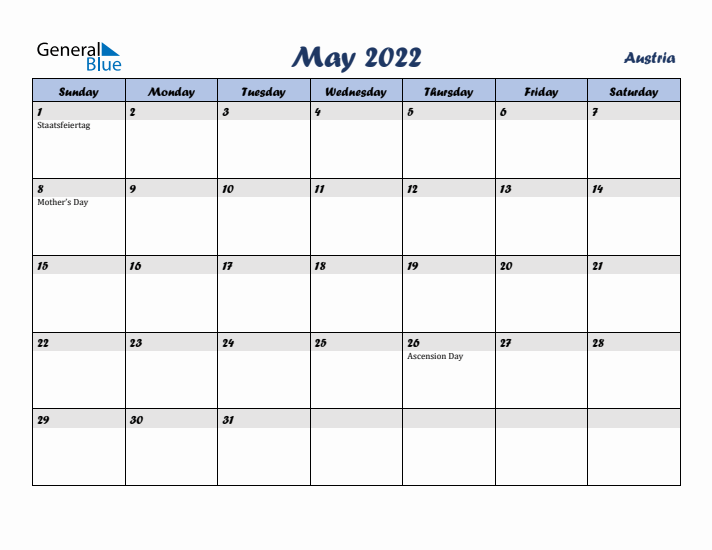 May 2022 Calendar with Holidays in Austria