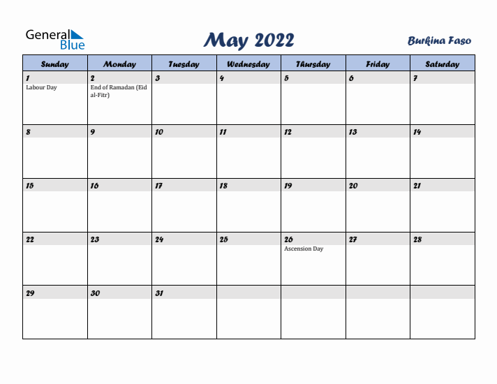 May 2022 Calendar with Holidays in Burkina Faso