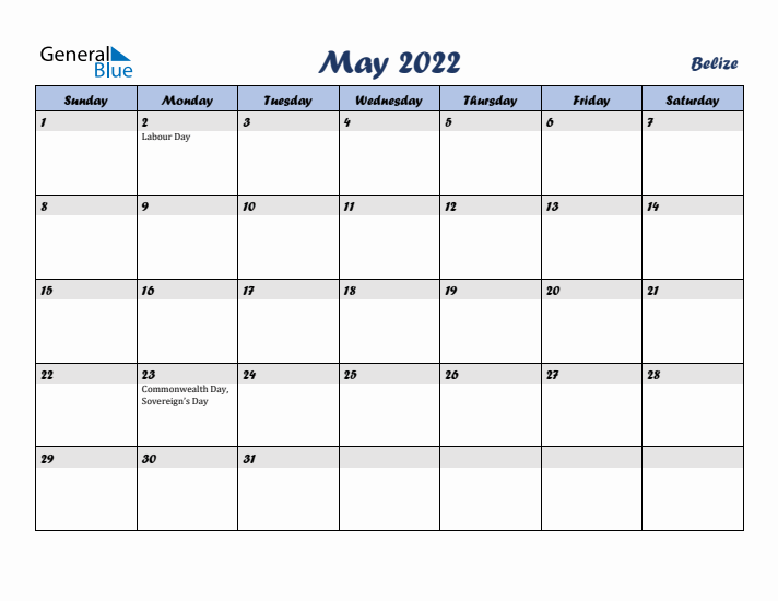 May 2022 Calendar with Holidays in Belize