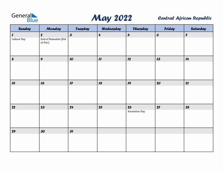 May 2022 Calendar with Holidays in Central African Republic