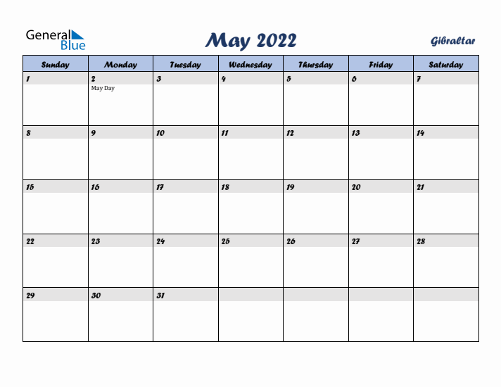 May 2022 Calendar with Holidays in Gibraltar