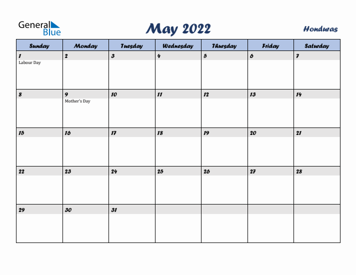 May 2022 Calendar with Holidays in Honduras