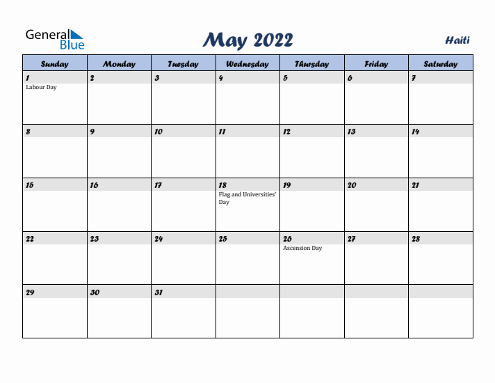 May 2022 Calendar with Holidays in Haiti