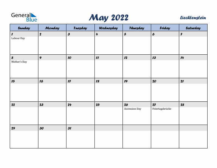 May 2022 Calendar with Holidays in Liechtenstein