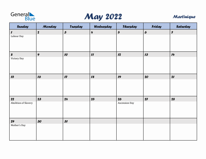 May 2022 Calendar with Holidays in Martinique