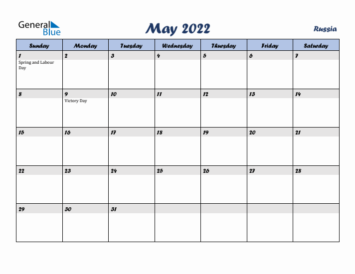 May 2022 Calendar with Holidays in Russia