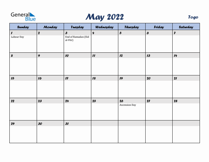 May 2022 Calendar with Holidays in Togo