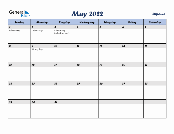 May 2022 Calendar with Holidays in Ukraine