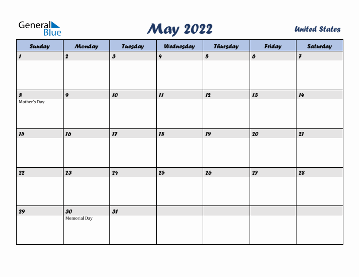 May 2022 Calendar with Holidays in United States