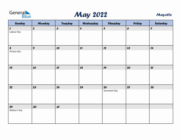 May 2022 Calendar with Holidays in Mayotte