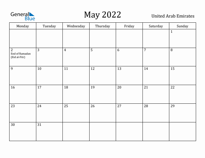 May 2022 Calendar United Arab Emirates