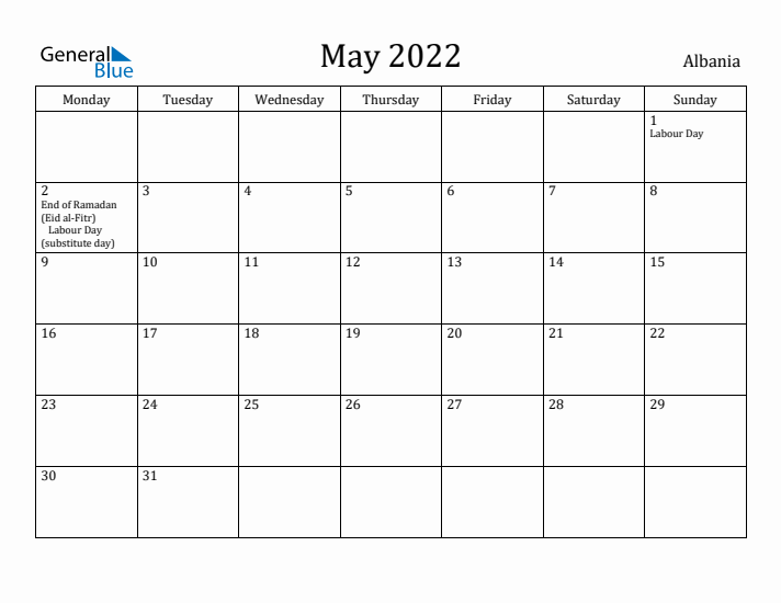 May 2022 Calendar Albania