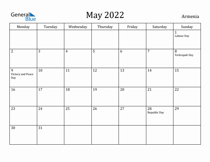 May 2022 Calendar Armenia