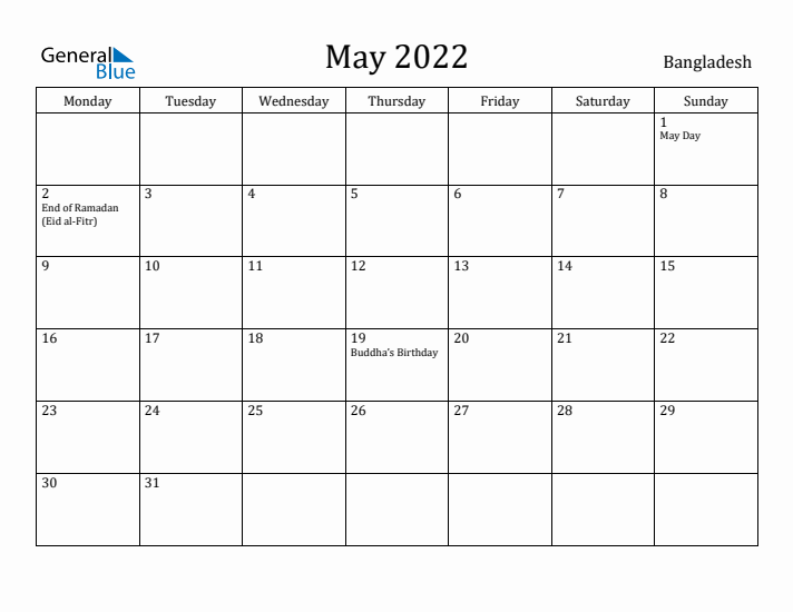 May 2022 Calendar Bangladesh