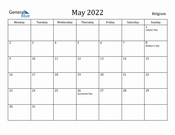 May 2022 Calendar Belgium