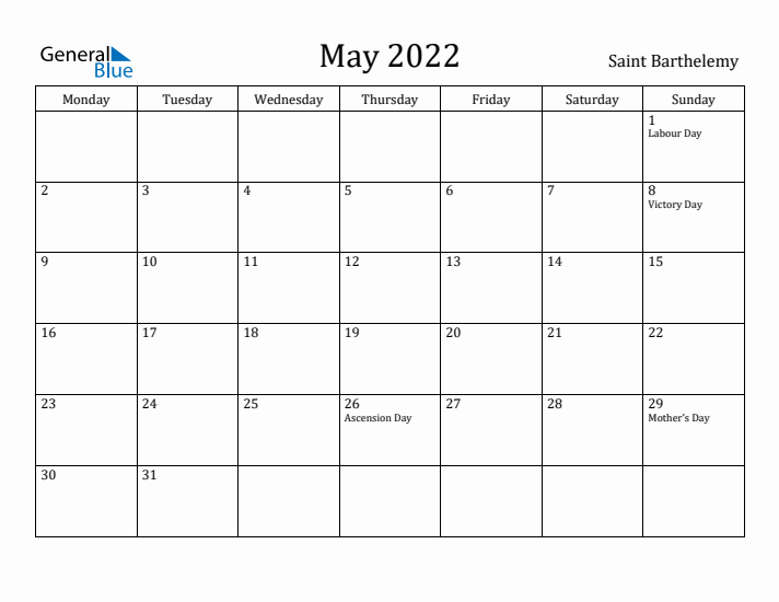 May 2022 Calendar Saint Barthelemy