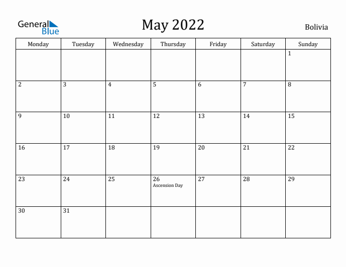 May 2022 Calendar Bolivia