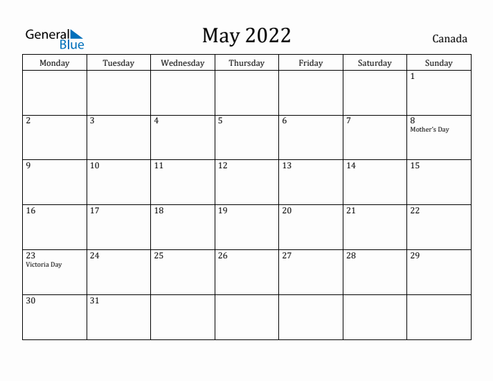 May 2022 Calendar Canada