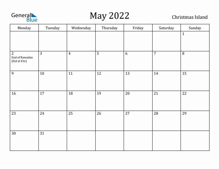 May 2022 Calendar Christmas Island