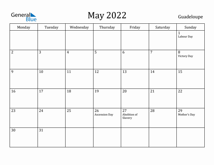 May 2022 Calendar Guadeloupe