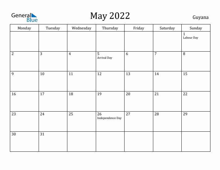 May 2022 Calendar Guyana