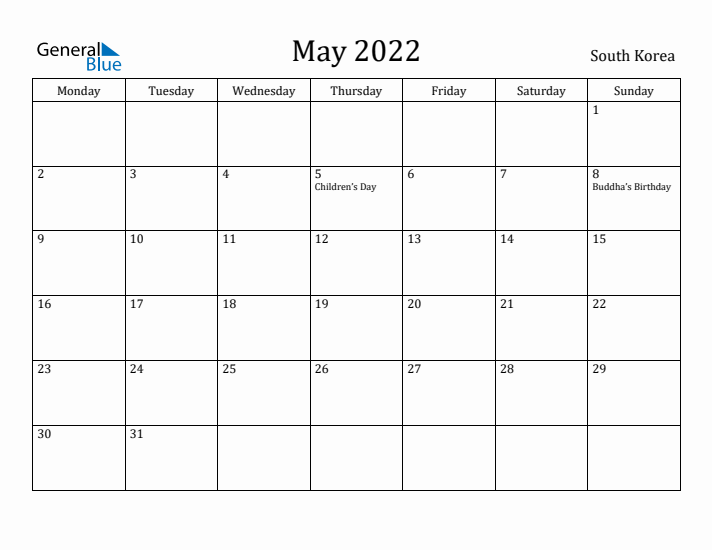 May 2022 Calendar South Korea