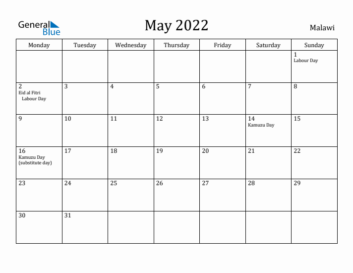 May 2022 Calendar Malawi