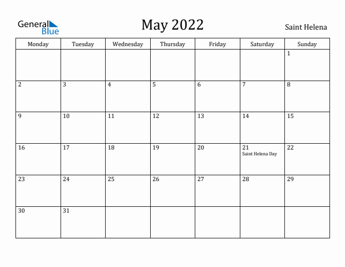 May 2022 Calendar Saint Helena