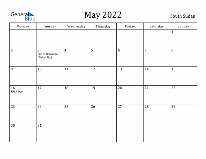 May 2022 Calendar South Sudan