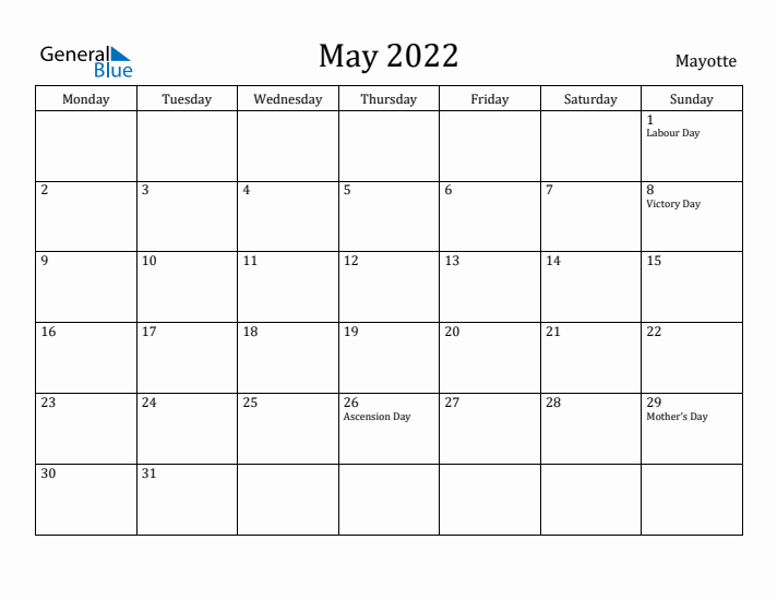 May 2022 Calendar Mayotte