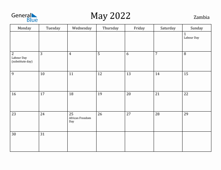 May 2022 Calendar Zambia