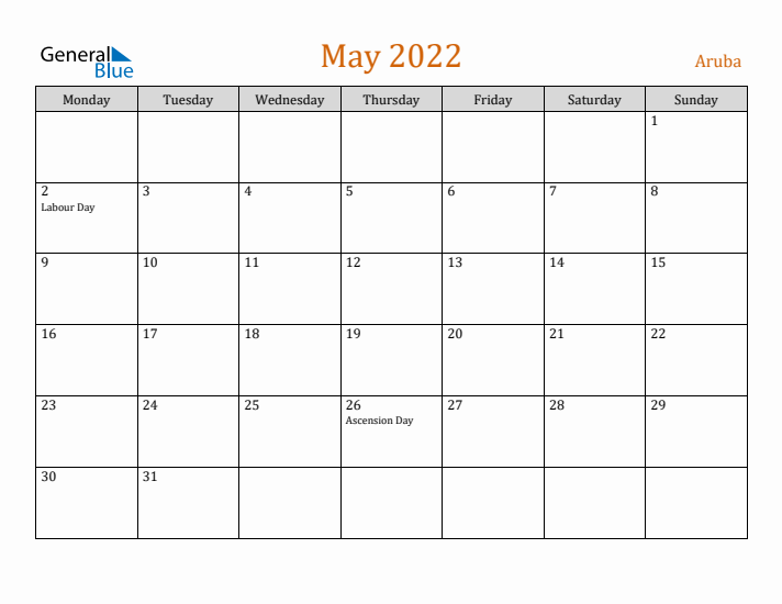 May 2022 Holiday Calendar with Monday Start