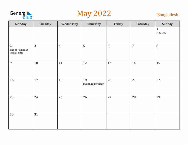 May 2022 Holiday Calendar with Monday Start