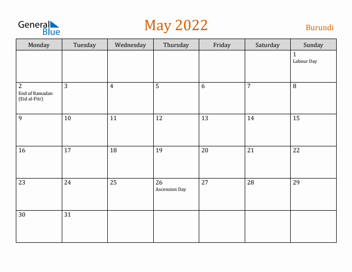 May 2022 Holiday Calendar with Monday Start