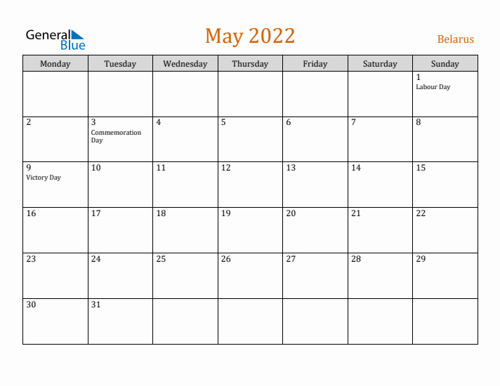 May 2022 Holiday Calendar with Monday Start