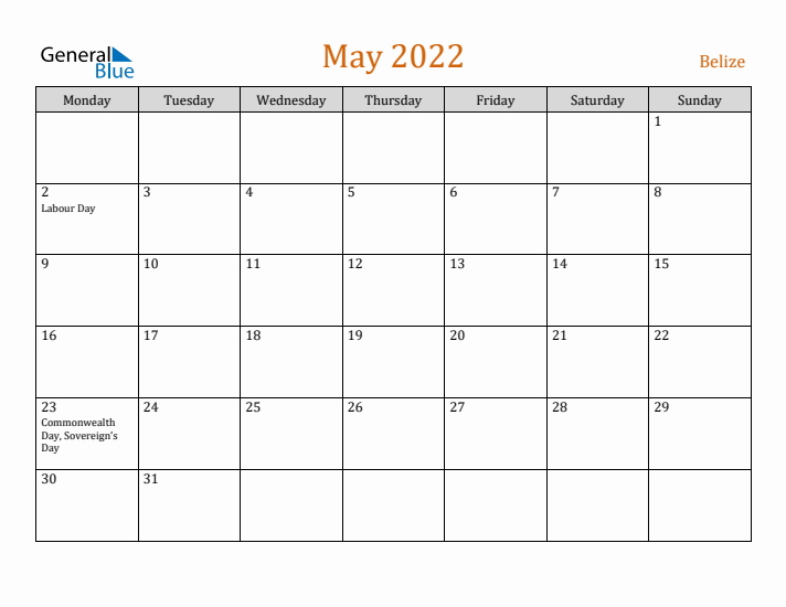 May 2022 Holiday Calendar with Monday Start