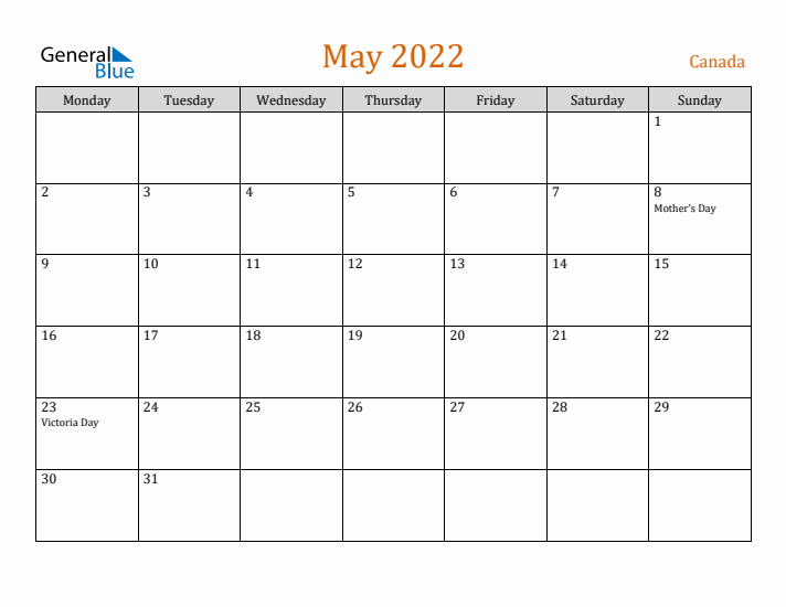 May 2022 Holiday Calendar with Monday Start