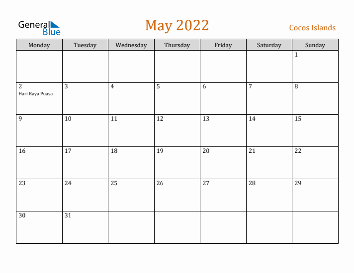 May 2022 Holiday Calendar with Monday Start