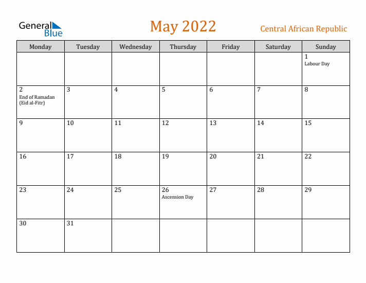 May 2022 Holiday Calendar with Monday Start