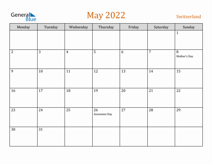 May 2022 Holiday Calendar with Monday Start