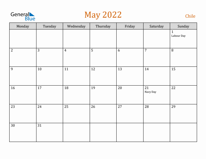 May 2022 Holiday Calendar with Monday Start