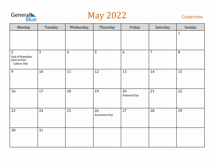 May 2022 Holiday Calendar with Monday Start