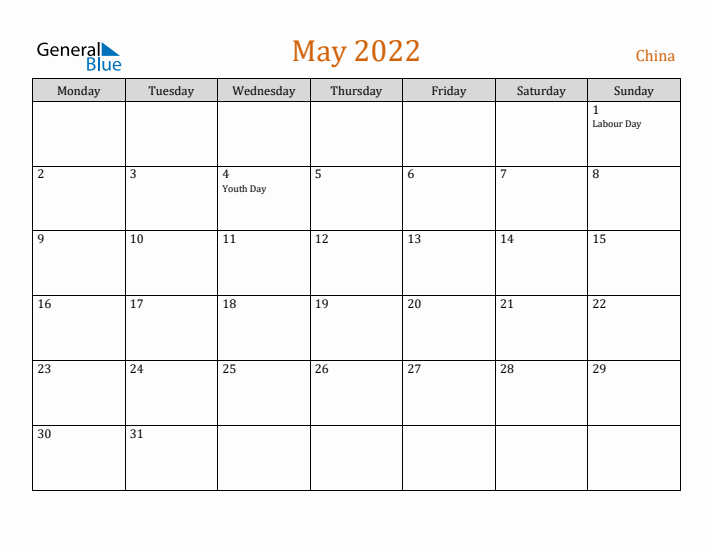 May 2022 Holiday Calendar with Monday Start