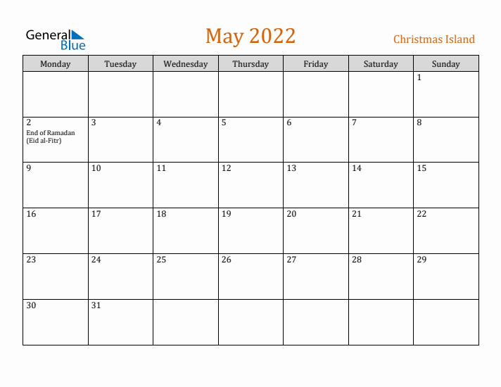 May 2022 Holiday Calendar with Monday Start